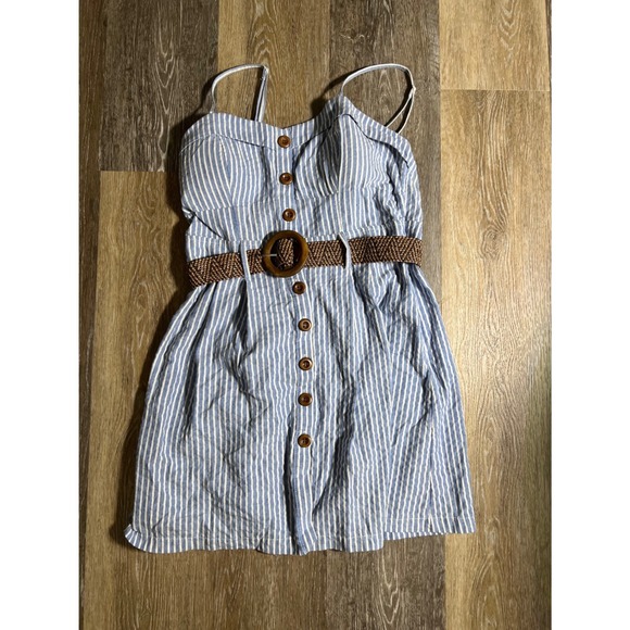 Mind Code Dresses & Skirts - Mind Code Blue White Striped Cotton Mini Dress Button Down Belted Womens Large